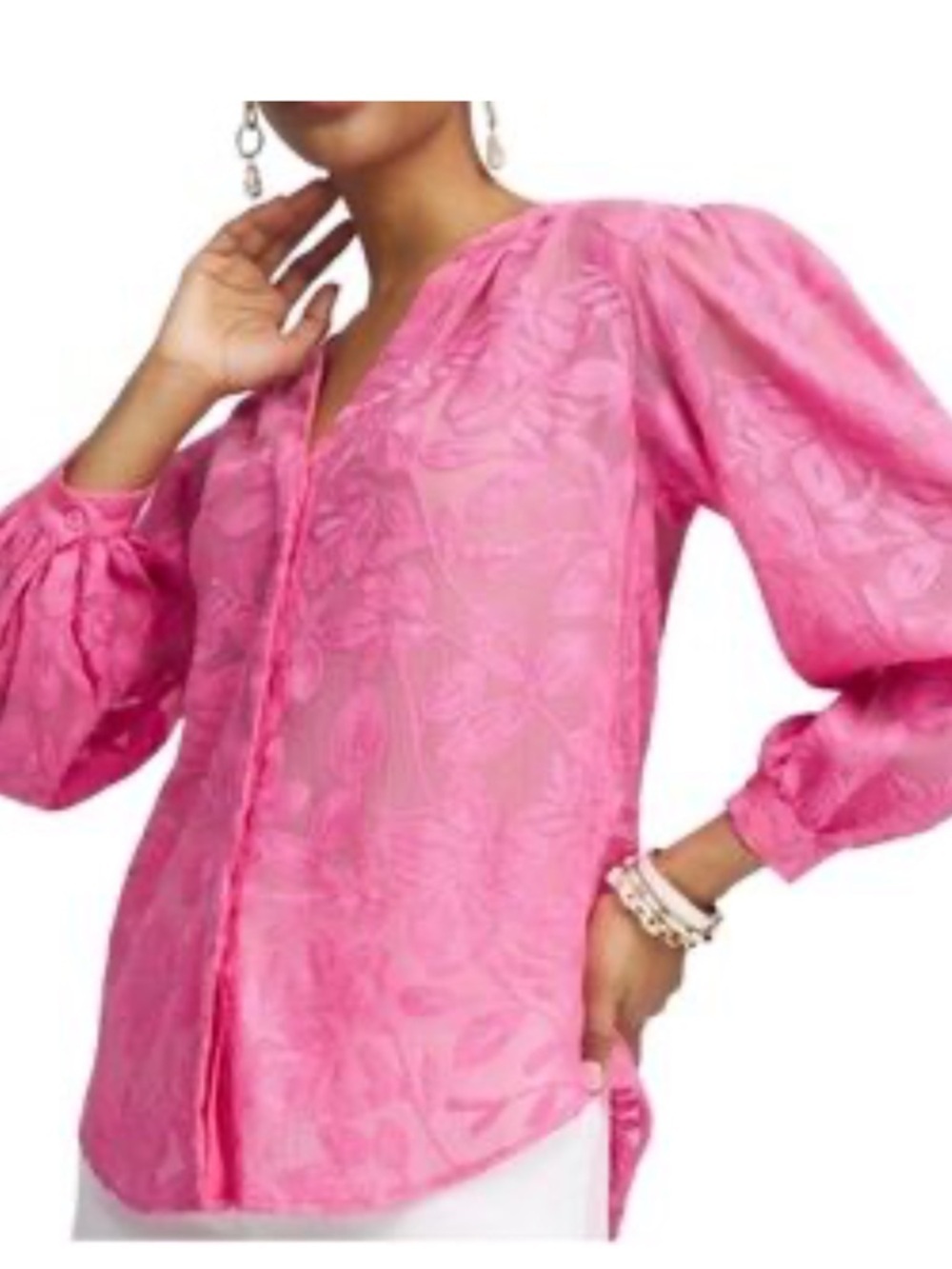 Chico’s Sheer Embroidered Pink Puff Sleeve Button Up Blouse Size 18